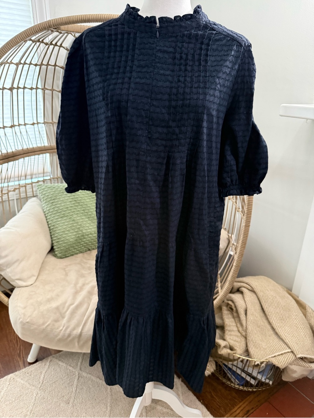 ME+EM Navy Textured Cotton Midi Dress Size US 12 UK 16
